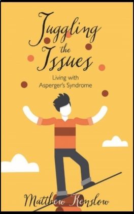 The book cover of Juggling the Issues: Living with Asperger's Syndrome. Man balancing while juggling seven balls. Yellow background with two white clouds.