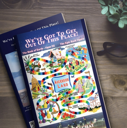 Front cover of Steven Machat's tenth book 'We've got to get out of the place' displayed on a coffee table