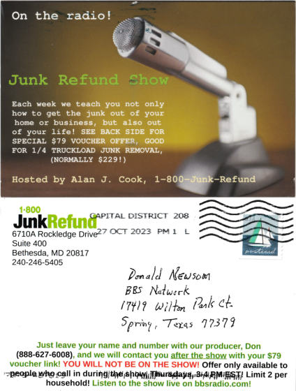 How to Get the Junk out of your home or business, and your life! - promotional postcard