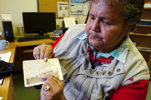 Joan Morris, with picture of the Nanaimo Indian Hospital