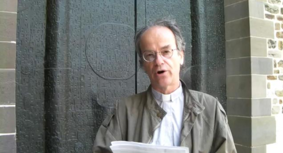 Covenanter co-founder Rev. Kevin Annett reading the Maastricht Proclamation at the oldest "Roman Catholic" church outside Italy in Maastricht, Holland on April 20, 2014