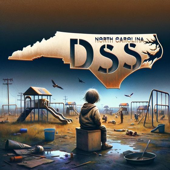 “A poignant image featuring the outline of North Carolina, composed of the words ‘North Carolina, DSS’, set against a background of a neglected playground where a disheveled child stands alone. This visual metaphor highlights the failure of the Department of Social Services in North Carolina to protect and serve the children under its care. The child, appearing forlorn and unkempt, symbolizes the neglect and systemic failure within the child welfare system. The arrangement of the words to form the state’s o